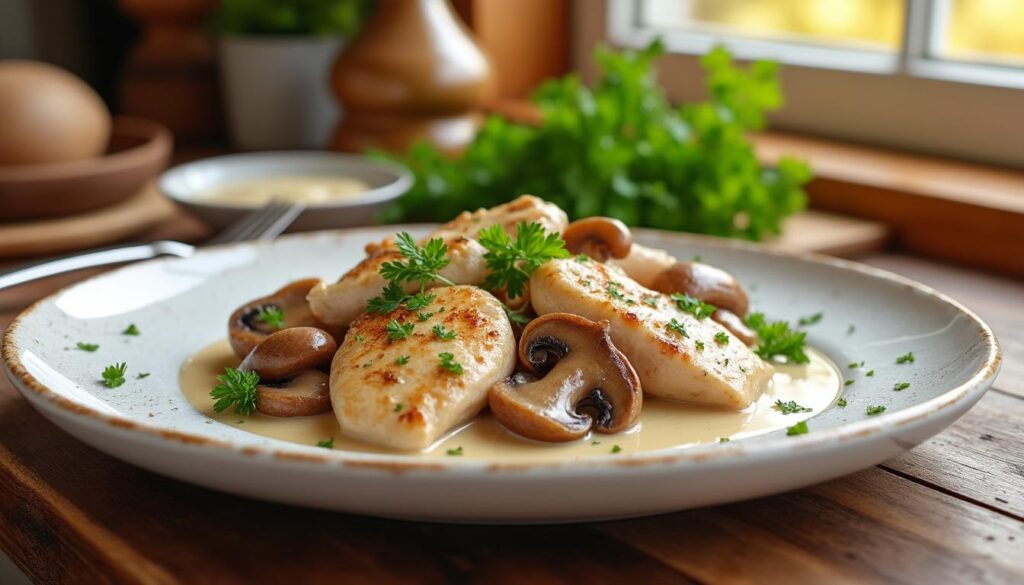 découvrez une recette facile de chapon en morceaux à la crème et aux champignons, savoureuse et parfaite pour un repas convivial.