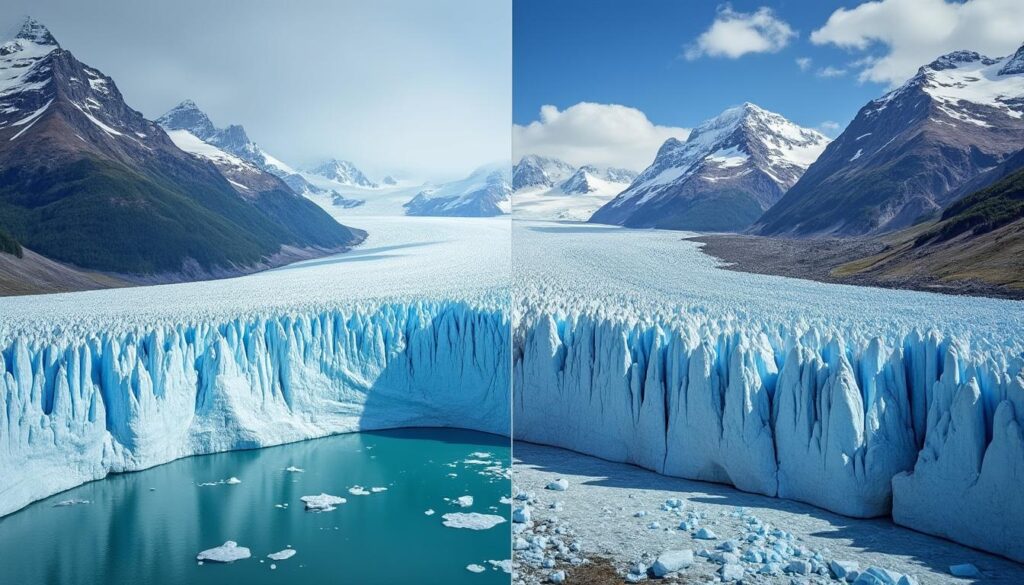 découvrez l'évolution spectaculaire de la mer de glace à travers des images avant-après, illustrant son recul impressionnant et les changements climatiques qui l'affectent.