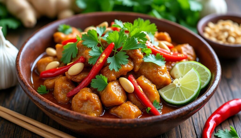 découvrez une recette thaïlandaise rapide et savoureuse de poulet aux cacahuètes, parfaite pour un repas plein de goût et facile à préparer.