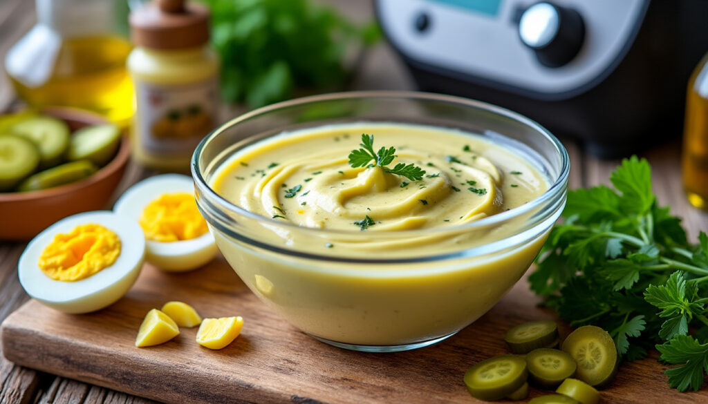 découvrez une recette simple et rapide de sauce gribiche réalisée au thermomix, idéale pour accompagner vos plats avec une touche gourmande et maison.