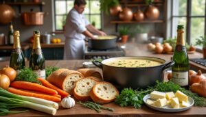 découvrez la recette de la soupe champenoise pour 30 personnes avec la liste complète des ingrédients et les étapes de préparation détaillées pour un plat convivial et savoureux.