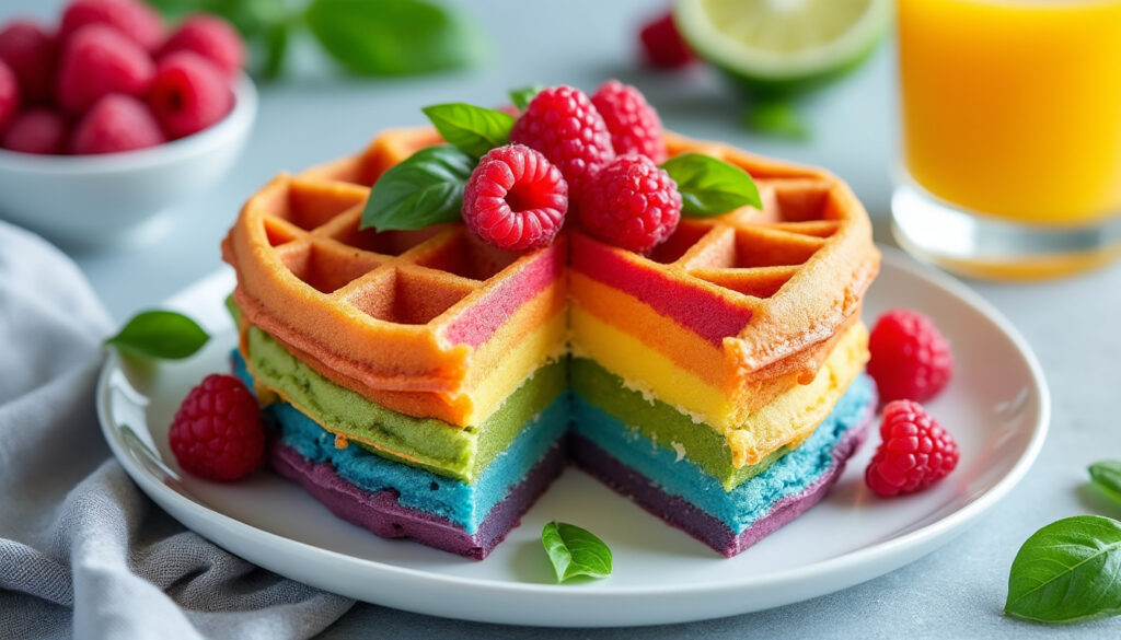 découvrez notre recette facile et rapide de gaufres arc en ciel à la framboise et au basilic, pour une touche colorée et originale à votre dessert ou goûter.