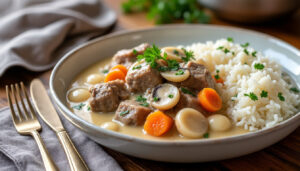 découvrez une blanquette de veau fondante et savoureuse, facile à préparer, avec une sauce crémeuse et des ingrédients simples.